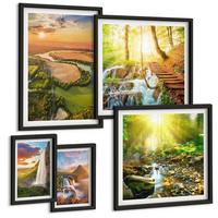 BILDER SET 5er Set - 50x50 cm & 20x30 cm & 40x60 cm Schwarzer Rahmen - Orange Mountain Wasserfall - Schwarz, Kunststoff (40/60cm) - TULUP