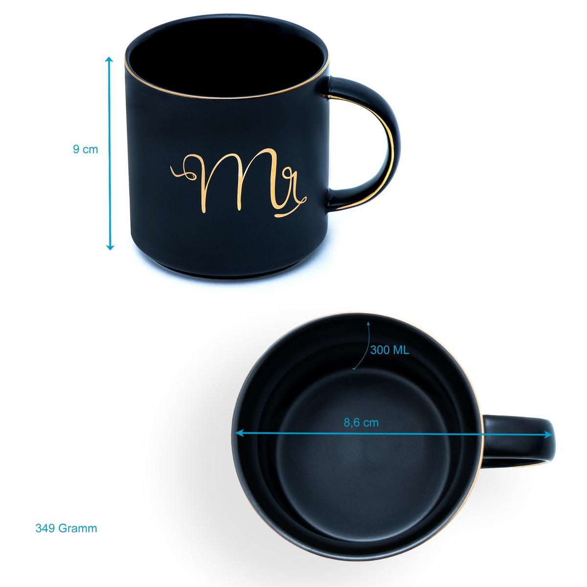 KAFFEETASSE mit Goldrand und Aufschrift Mr & Mr 300 ml (2-tlg.) - Schwarz, Keramik (0.3L) - Intirilife