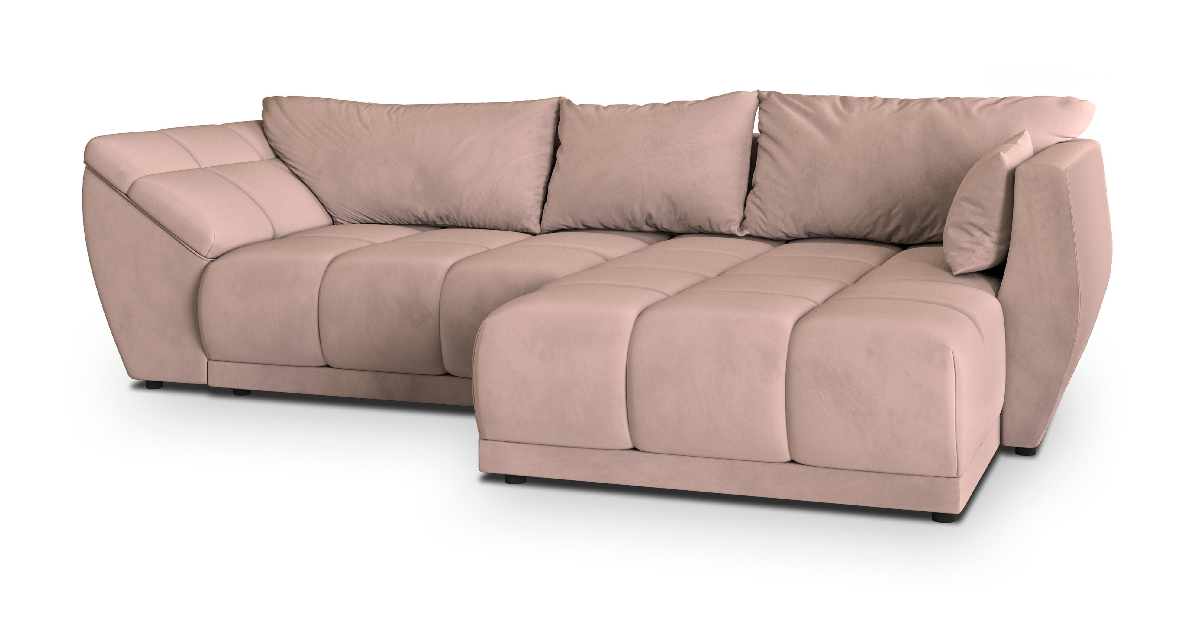 ECKSOFA ORENTI R-S Rosa Velours-Stoff mit Schlaffunktion - Rosa, Holz (287/182cm) - MASSENO