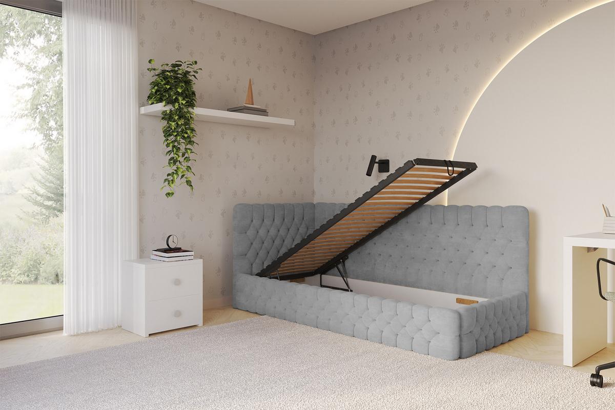 EINZELLBETT Jugendbett mit Bettkasten, Rechts - MULY 100x200 Grau - Silberfarben, Holzwerkstoff/Textil (100/200cm) - ALTDECOR
