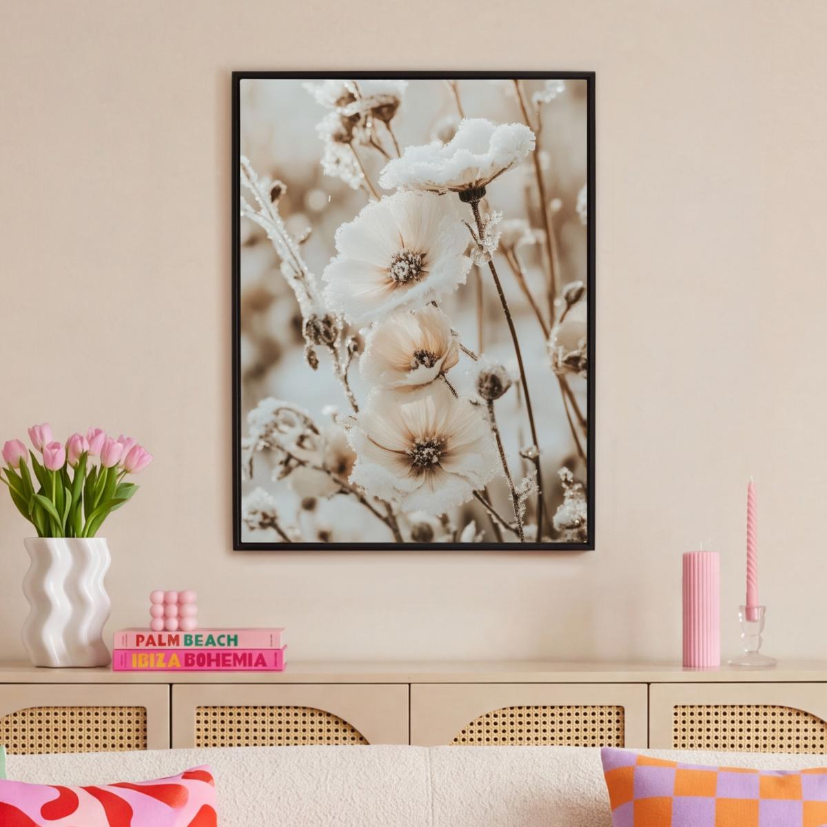 LEINWAND Bilder mit Rahmen - Blumen - Winter - Weiß - Schnee - Beige - 70x100 - Creme, Textil (70/100cm) - MuchoWow