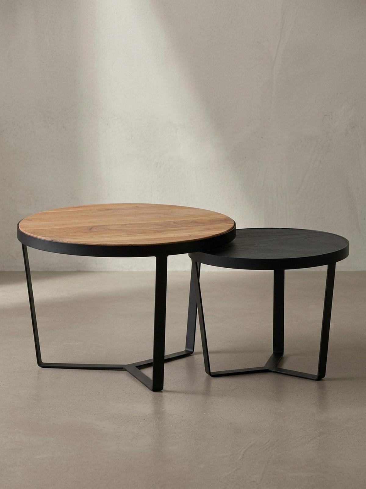 COUCHTISCH Set rund – Akazie Massivholz, Steinoptik, Metallgestell, Braun-Anthrazit - Schwarz, Holz/Metall (60/60/40cm) - KADIMA DESIGN