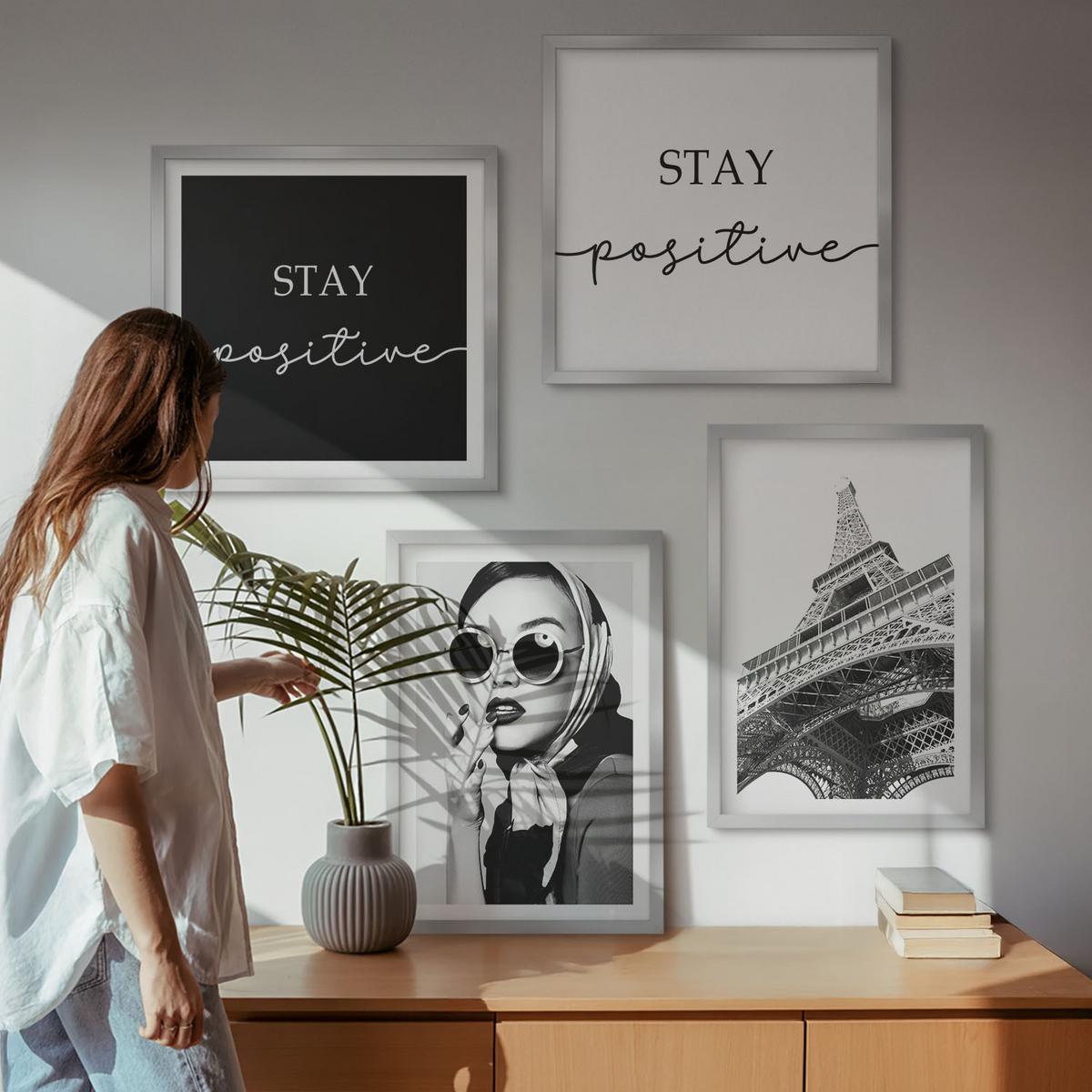 BILDER SET 4er Set - 50x50 cm & 40x60 cm Silberner Rahmen - Porträts, Eiffelturm-Slogans - Silberfarben, Kunststoff (50/50cm) - TULUP