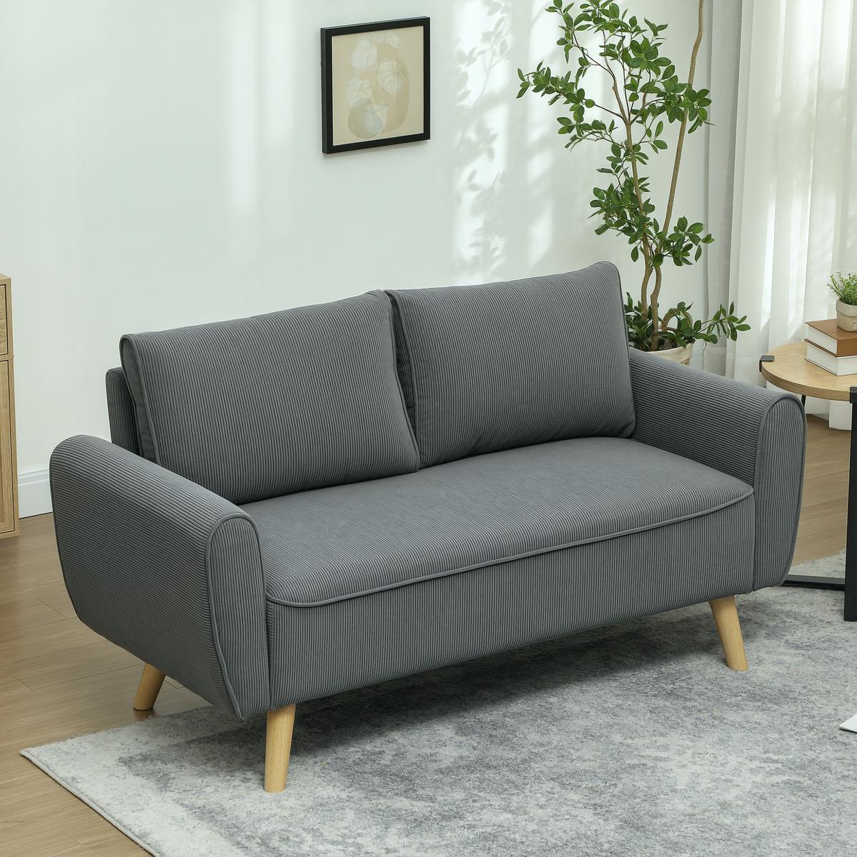 ZWEISITZER Sofa mit 2 Kissen Polstersofa mit 54cm extra tiefen Sitzen Dunkelgrau - Dunkelgrau/Eukalyptusholzfarben, Holz/Textil (75/78/145cm) - HOMCOM