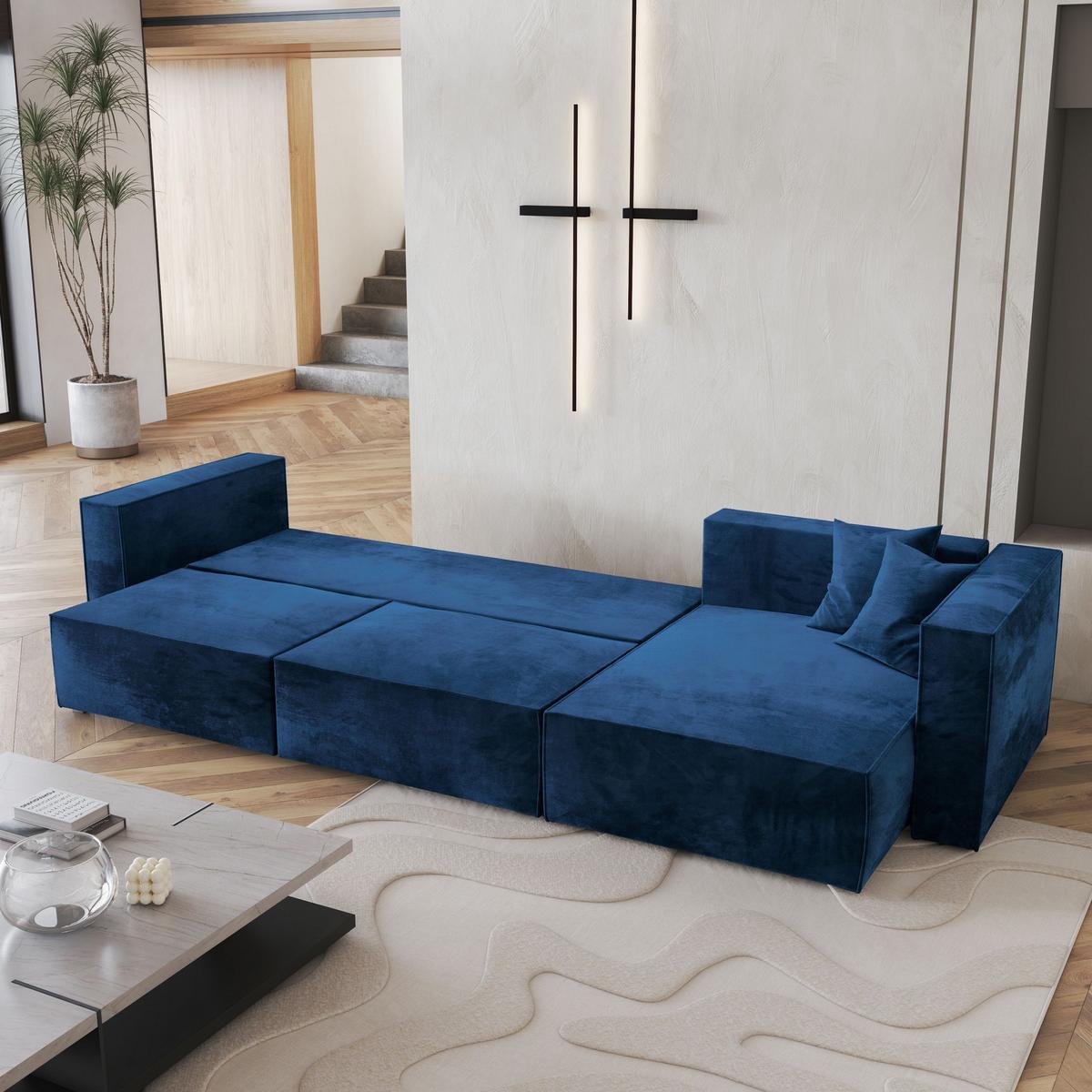 ECKSOFA TOLMO M Blau Velours-Stoff mit Schlaffunktion - Blau/Grau, Holz/Kunststoff (347/148cm) - MASSENO
