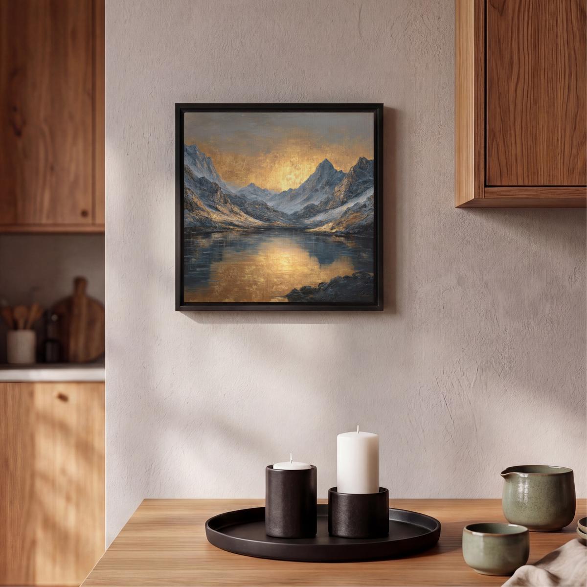 LEINWAND Bilder mit Rahmen - Bergkulisse mit goldenem Sonnenuntergang - 20x20 - Goldfarben, Textil (20/20cm) - MuchoWow