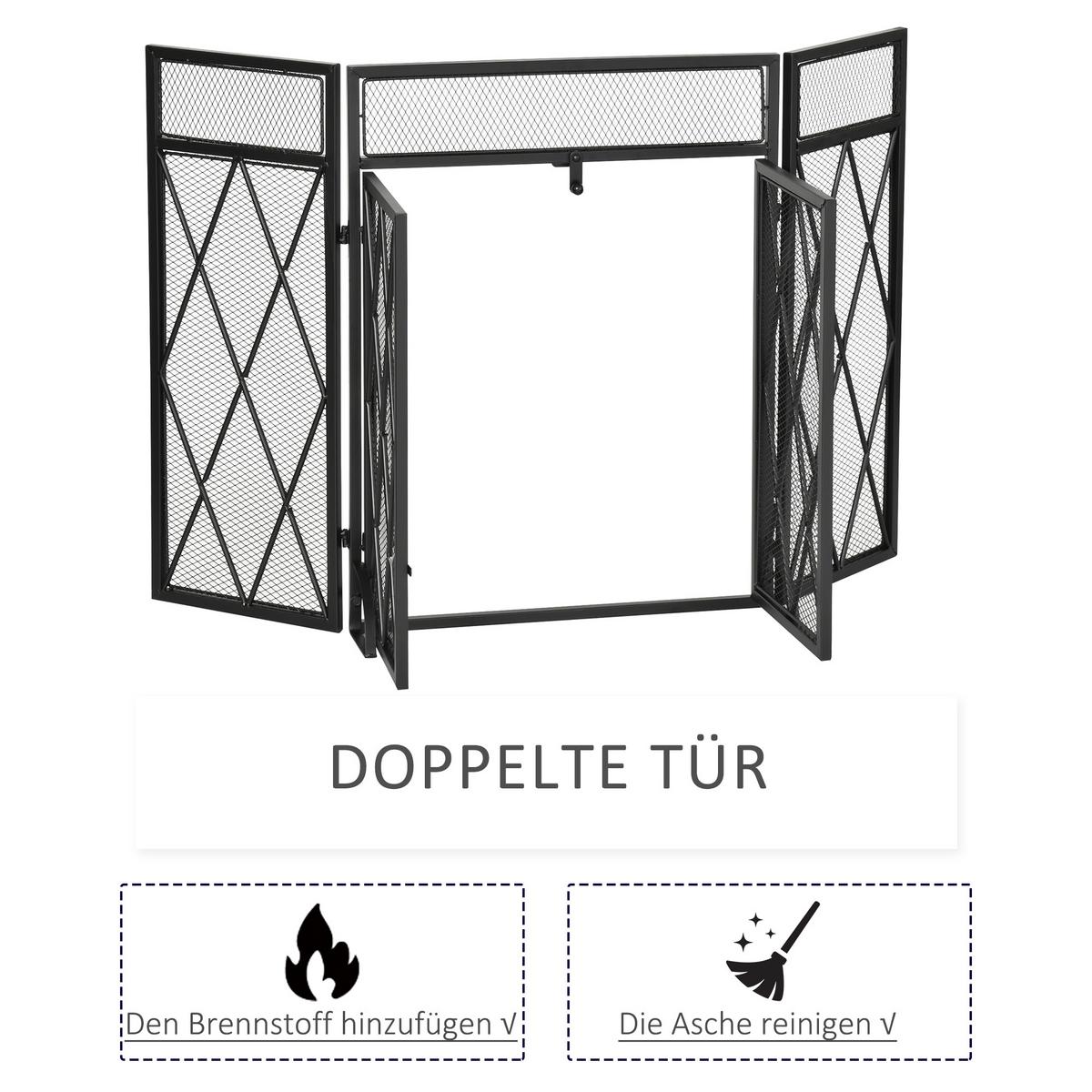 KAMINSCHIRM Schmiedeeisen dreiteilige Design Doppeltüren Metall Schwarz - Schwarz, Metall (120/79/120cm) - HOMCOM
