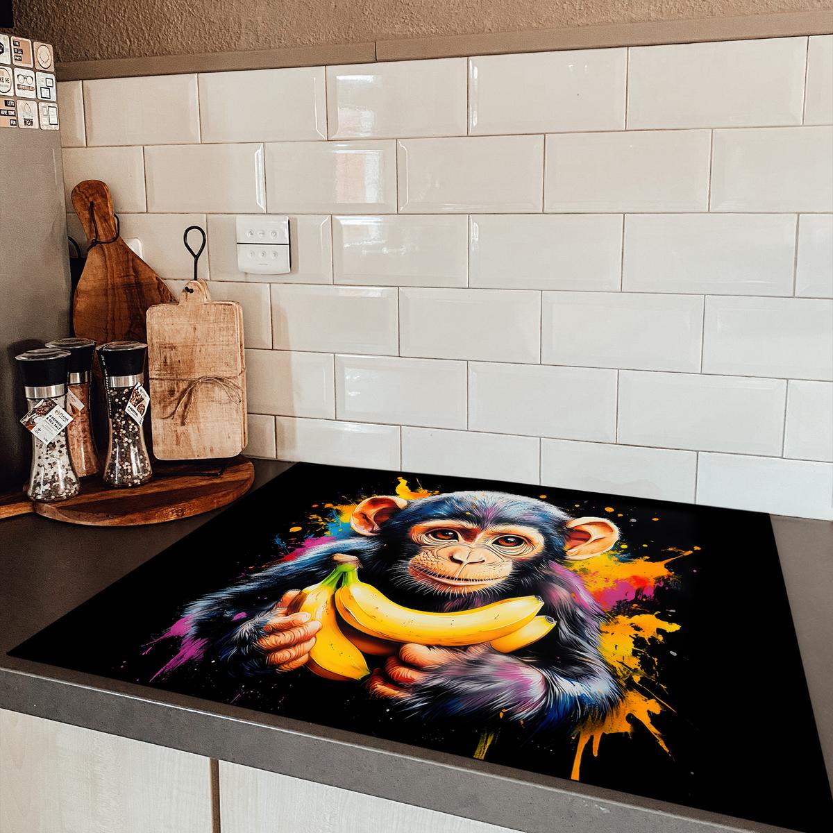 HERDABDECKPLATTE Affe - Graffiti - Farbenfroh - Bananen - Modern Induktionsmatte 77x59 cm - Gelb, Kunststoff (77/59/0.2cm) - MuchoWow