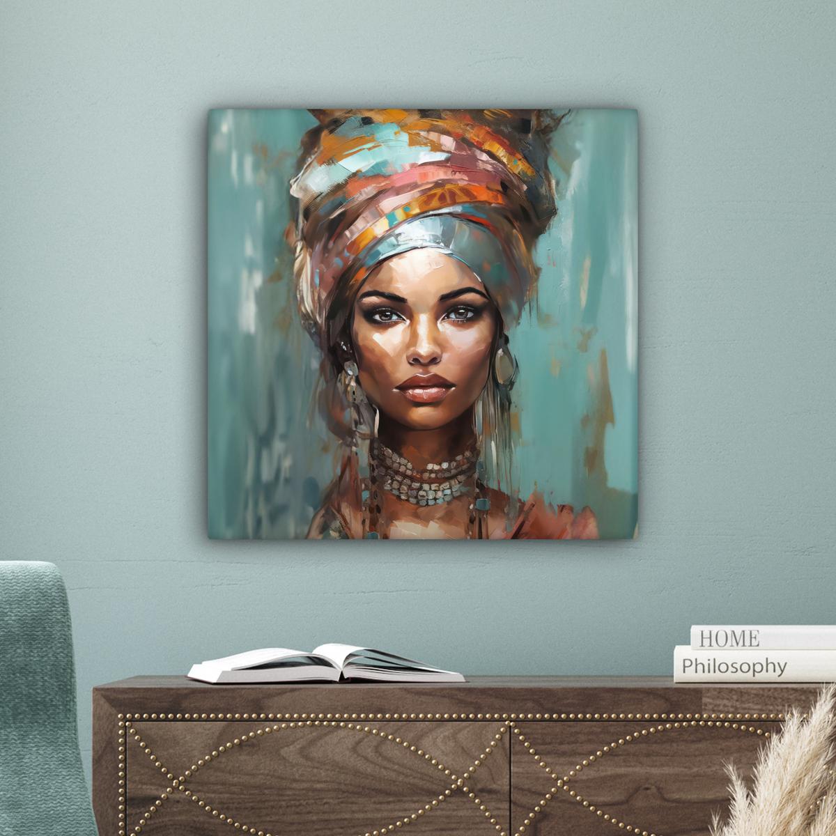 LEINWANDBILD Frau - Kunst - Schmuck - Porträt Wandbild Wohnzimmer 50x50 cm - Blaugrau, Textil (50/50cm) - MuchoWow