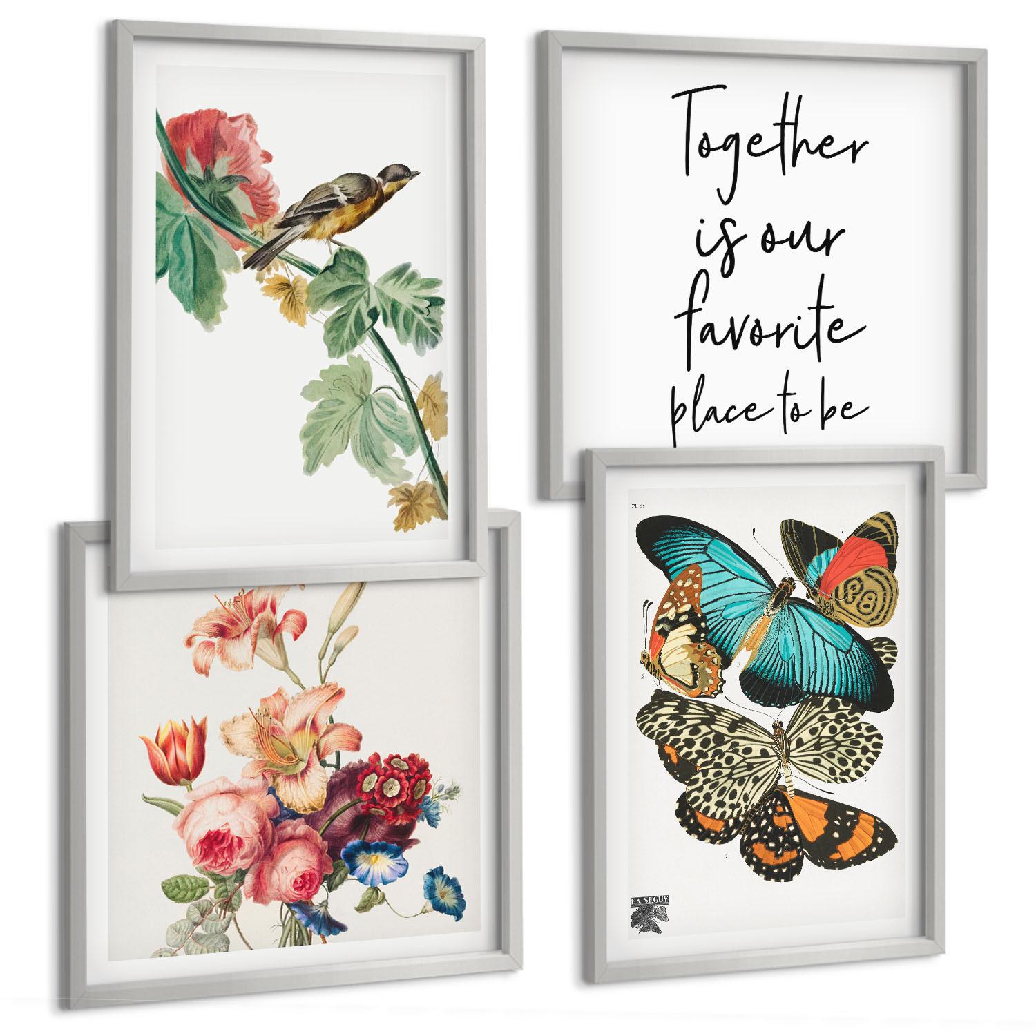 BILDER SET 4er Set - 50x50 cm & 40x60 cm Silberner Rahmen - Blumen, Schmetterlinge, Vögel, Pastellfarben - Silberfarben, Kunststoff (50/50cm) - TULUP