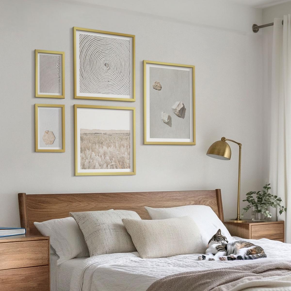 BILDER SET 5er Set - 50x50 cm & 20x30 cm & 40x60 cm Goldrahmen - Leichte Boho-Sandtexturen - Goldfarben, Kunststoff (40/60cm) - TULUP