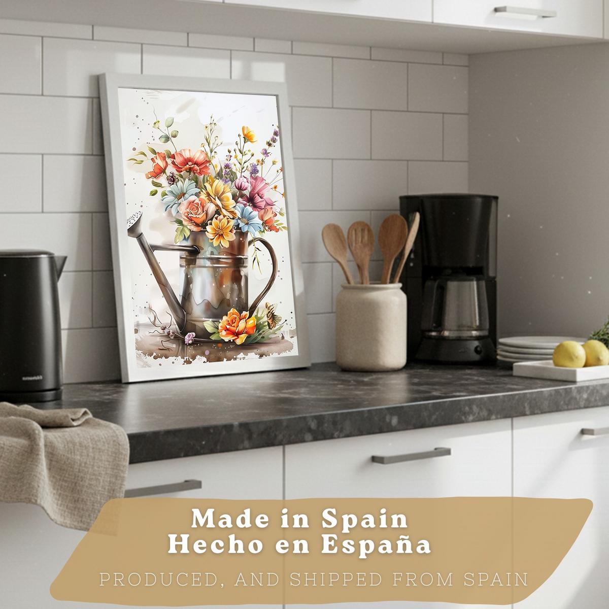POSTER 4er Set Blumen Küchen-Wandbilder Gießkanne Vase Utensilien Botanisches Aquarell Wohnzimmer Deko Weißer Rahmen A4 - Weiß, Papier (29.7/1/21cm) - Nacnic