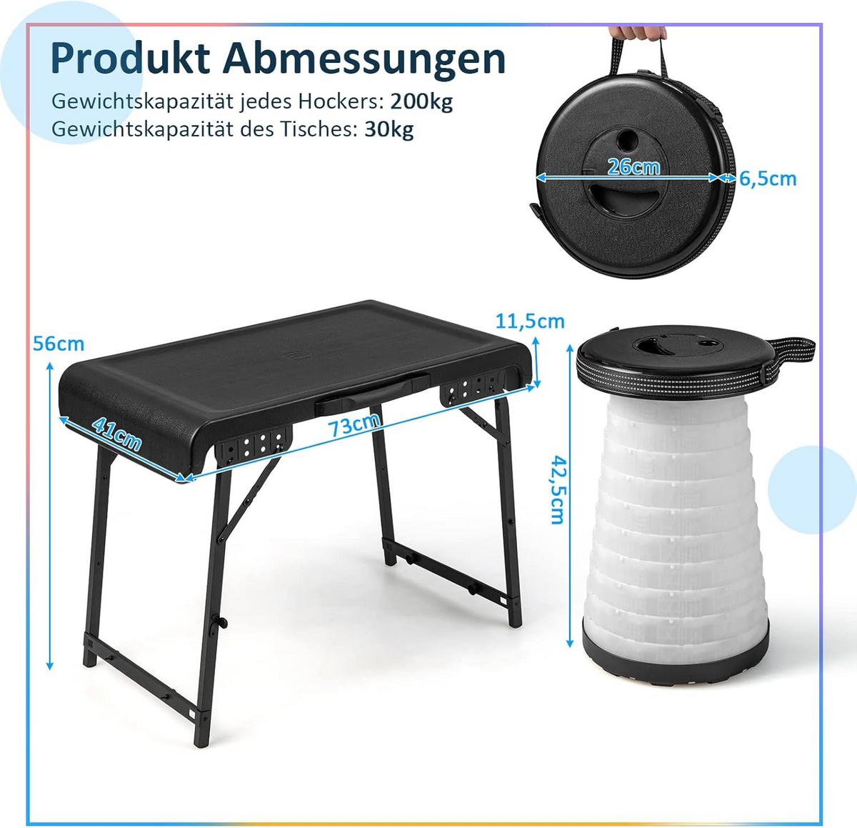 KLAPPTISCH mit 2 LED Teleskophockern Schwarz(3-teilig) - Schwarz, Metall - COSTWAY