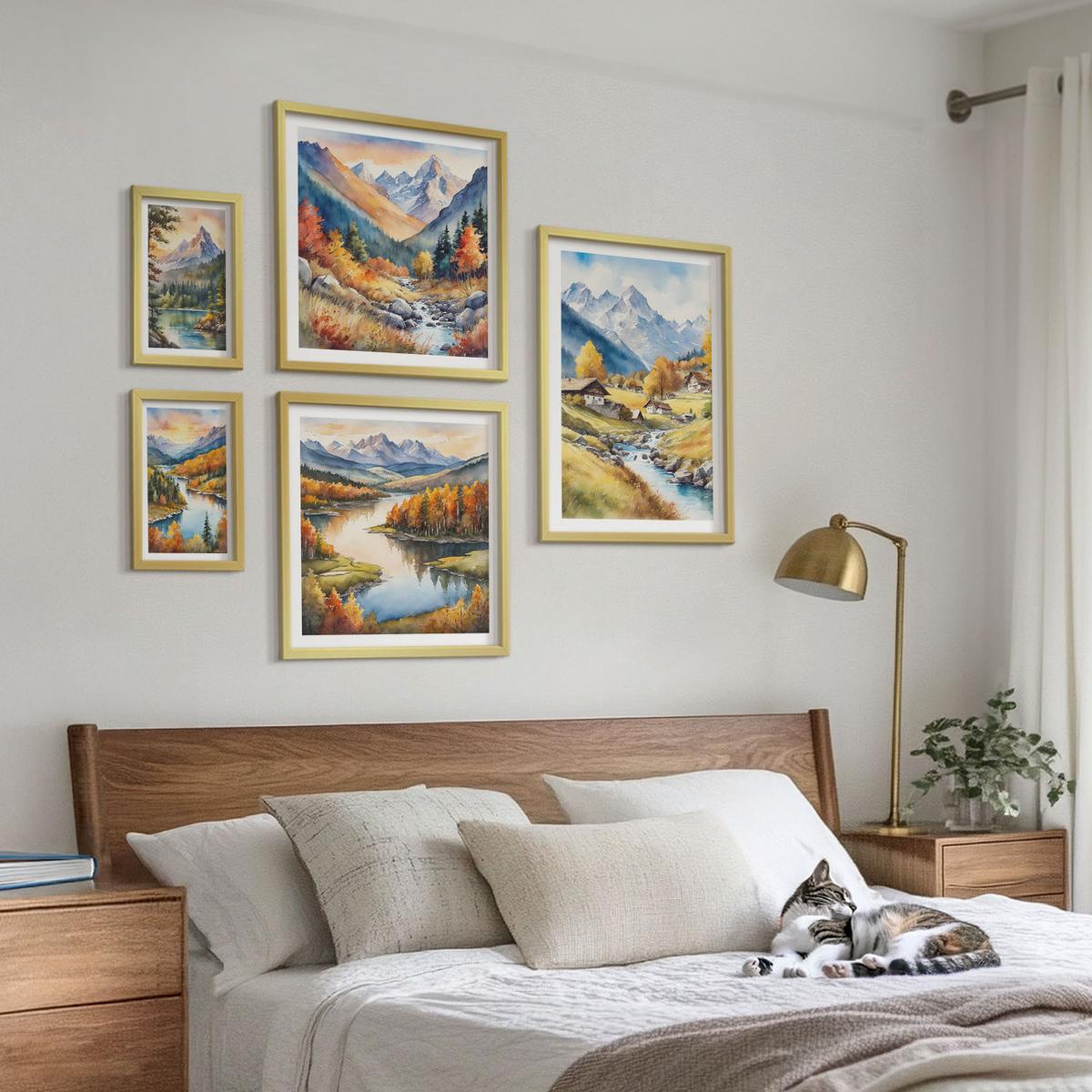 BILDER SET 5er Set - 50x50 cm & 20x30 cm & 40x60 cm Goldrahmen - Nachthimmel, Berge, Winter, Weltraum - Goldfarben, Kunststoff (40/60cm) - TULUP