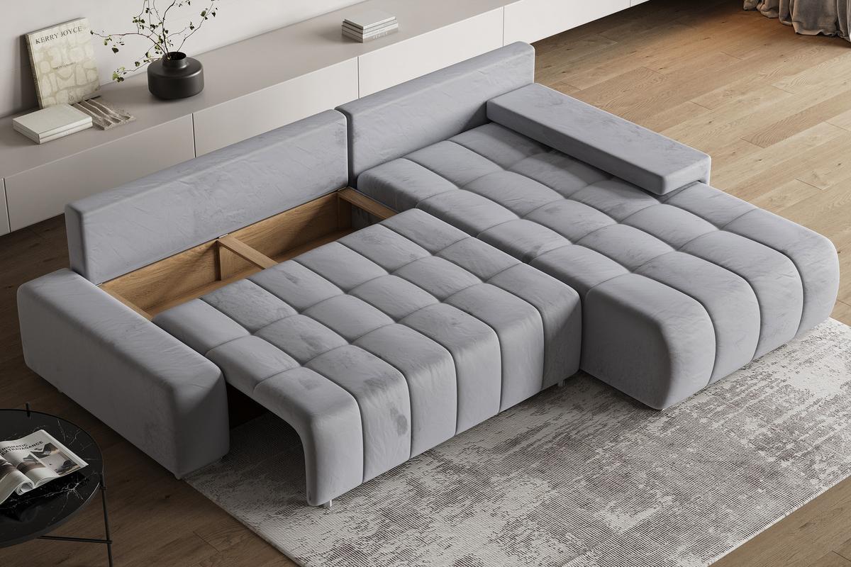 ECKSOFA ALESE R-S Hellgrau Velours-Stoff mit Schlaffunktion - Silberfarben/Hellgrau, Holz/Textil (265/185cm) - MASSENO