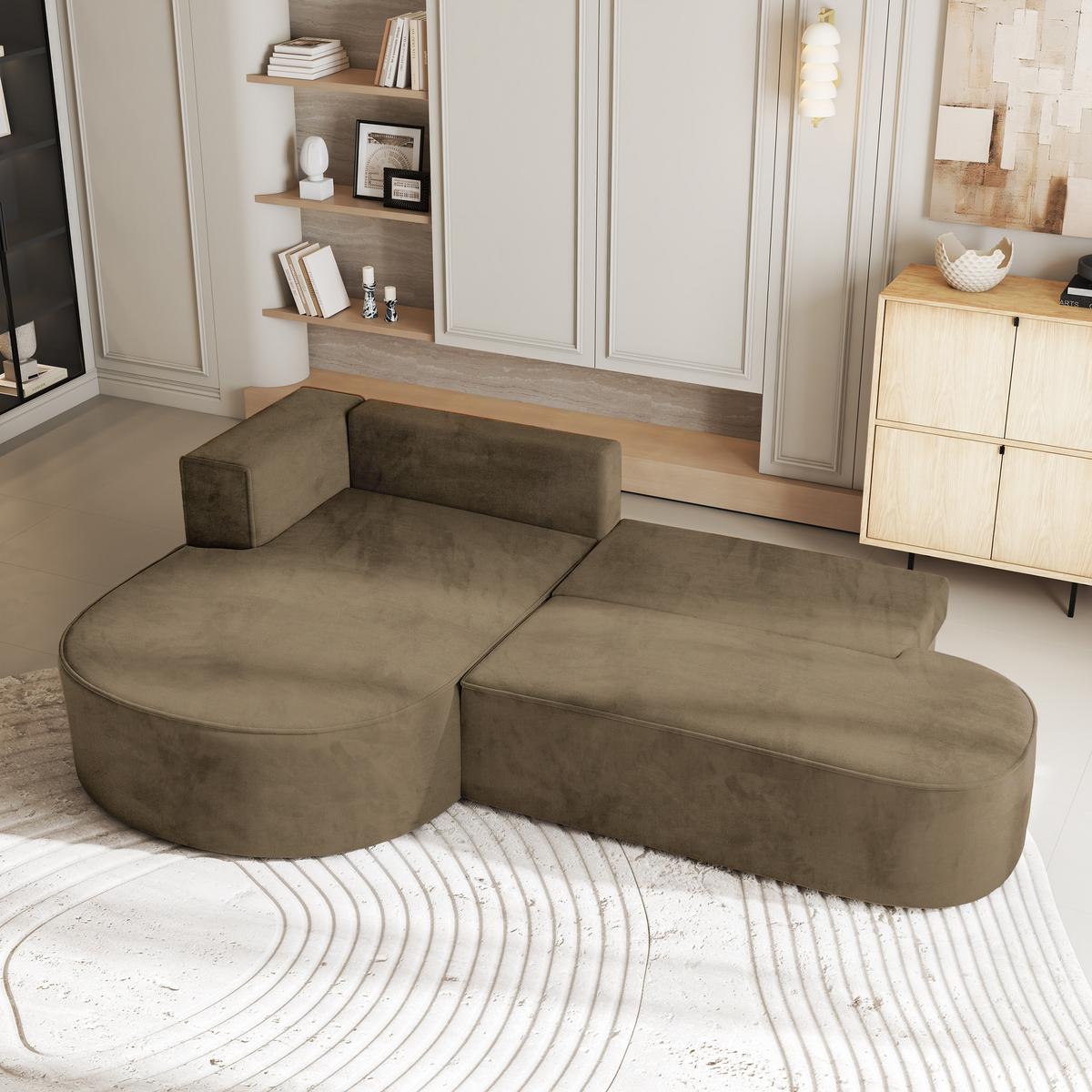 ECKSOFA CORTIO M L-S Beige Velours-Stoff mit Schlaffunktion - Beige/Grau, Holz/Kunststoff (265/174cm) - MASSENO