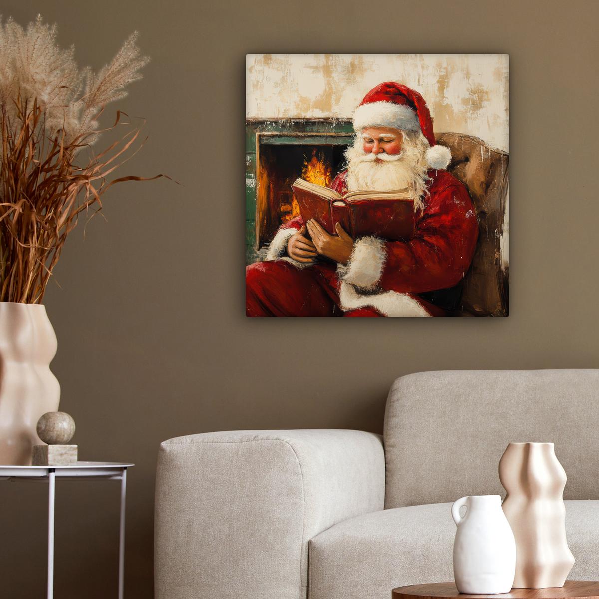 LEINWANDBILD Weihnachten - Weihnachtsmann - Winter - Open Fireside Wandbild Wohnzimmer 50x50 cm - Dunkelrot, Textil (50/50cm) - MuchoWow