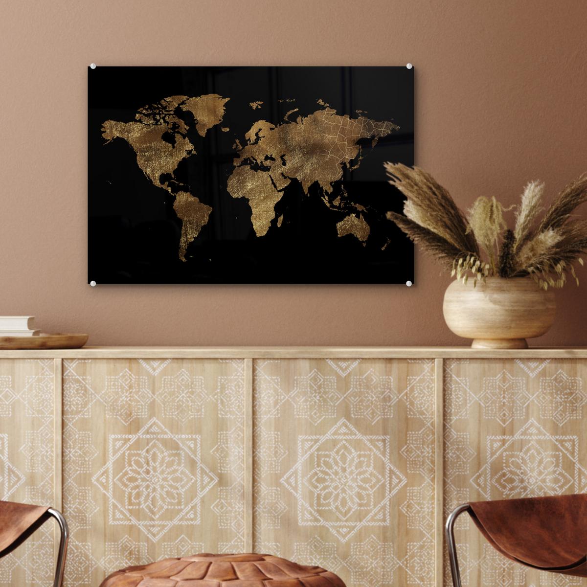 ACRYLGLASBILD Weltkarte - Gold - Luxus - Erde - Schwarz Wanddeko 60x40 cm - Goldfarben, Glas (60/40cm) - MuchoWow