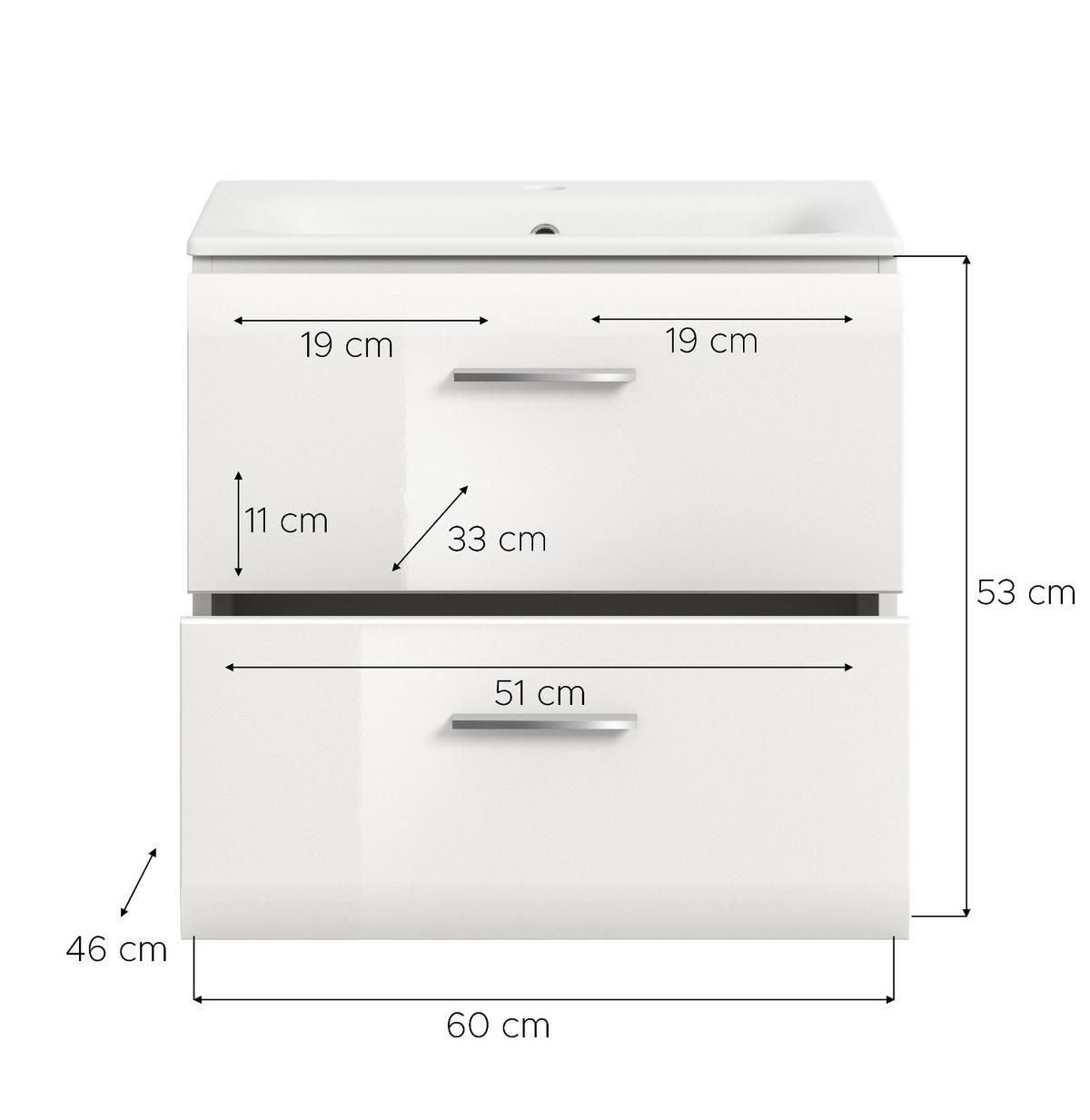WASCHBECKENUNTERSCHRANK inklusive Waschbecken weiß Hochglanz, Waschtisch hängend - Weiß Hochglanz, Keramik/Holzwerkstoff (60/55/46cm) - Inn.Furn