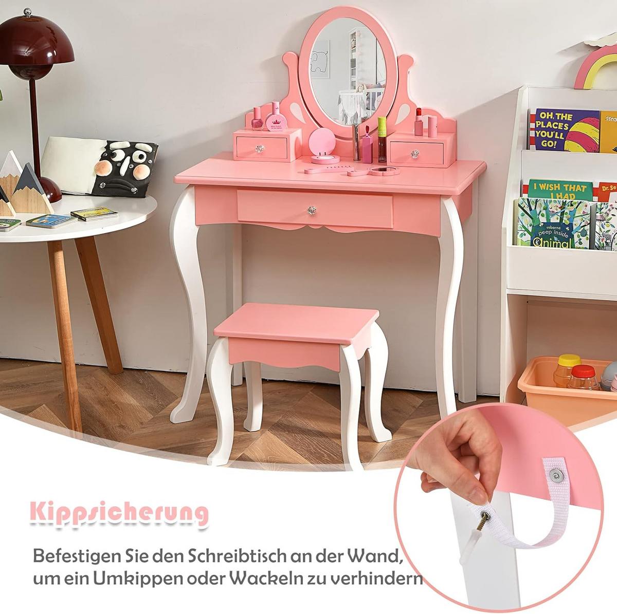 KINDER SCHMINKTISCH mit Hocker Pink - Pink, Holz (70/100/34cm) - COSTWAY