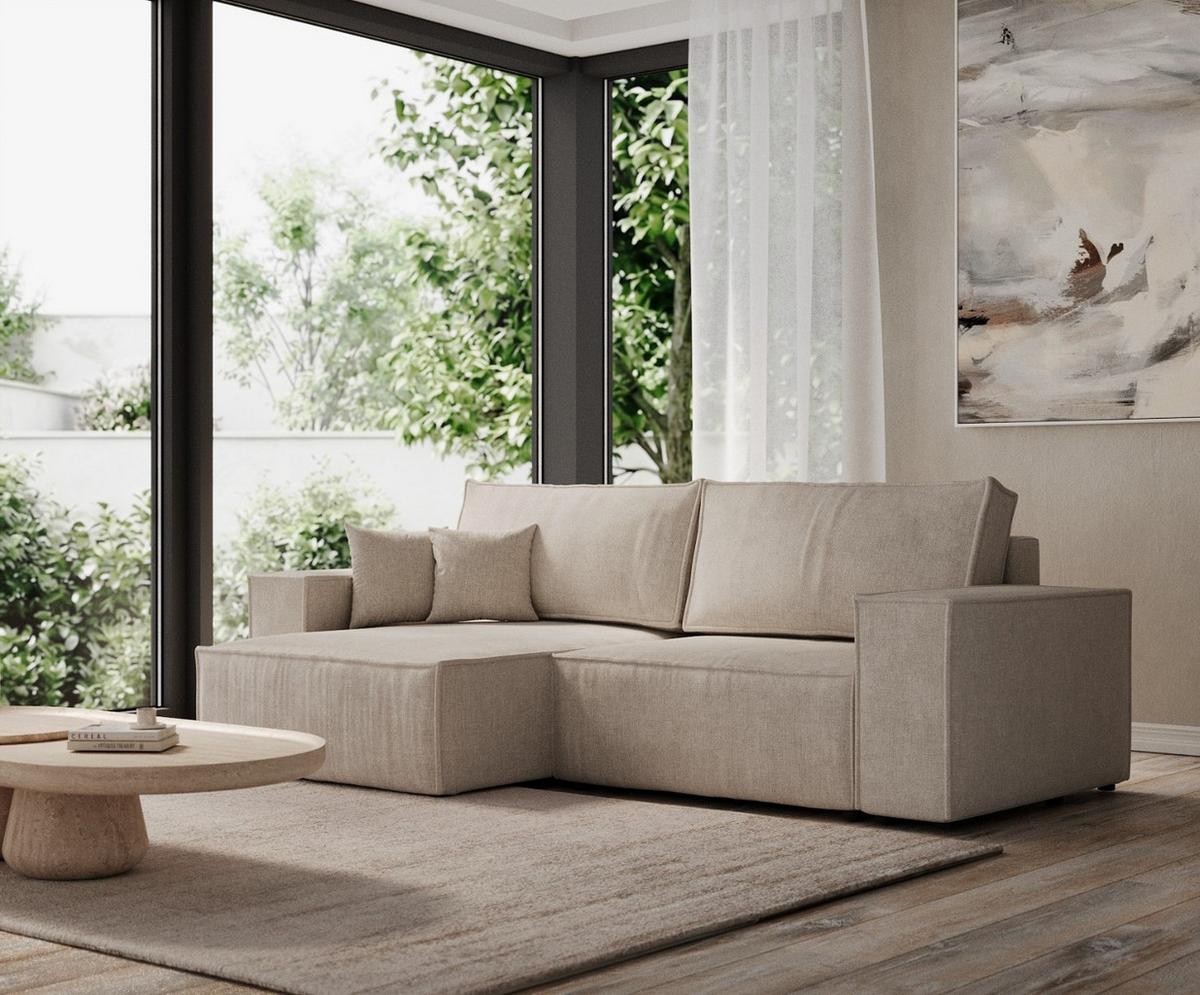 ECKSOFA CAVO mit Schlaffunktion Hellbeige im Wind Stoff - Beige/Schwarz, Holz/Holzwerkstoff (255/148cm) - AltaBeds