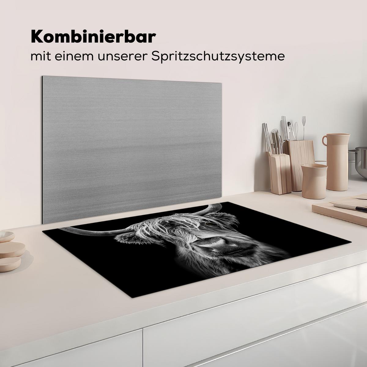 HERDABDECKPLATTE Schottischer Highlander - Hörner - Schwarz - Weiß - Kuh - Wild - Tiere Ceranfeldabdeckung 80x52 cm - Schwarz, Kunststoff (80/52/0.2cm) - MuchoWow
