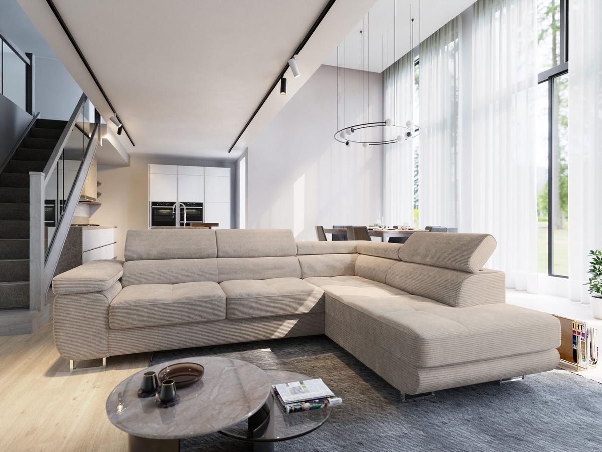 ECKSOFA APIRO R-S Beige Kordstoff mit Schlaffunktion - Beige/Silberfarben, Holz/Textil (276/202cm) - MASSENO