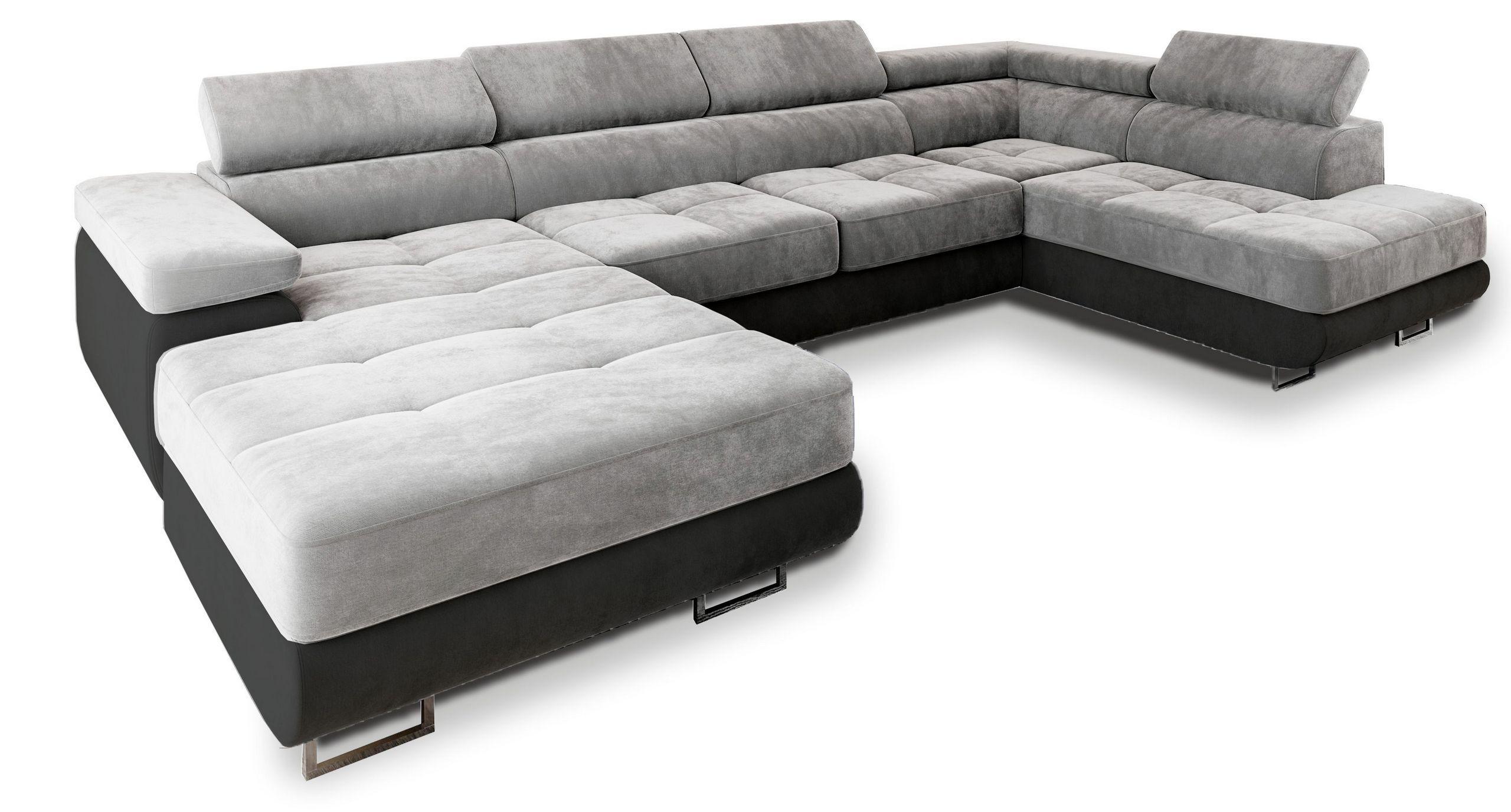 WOHNLANDSCHAFT CASONE R-S Hellgrau Velours-Stoff mit Schlaffunktion - Silberfarben/Hellgrau, Holz/Textil (345/90/202cm) - MASSENO