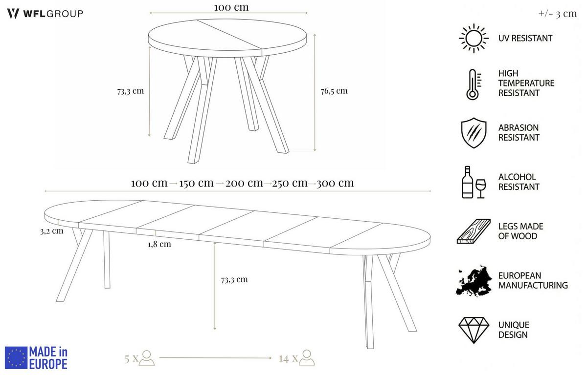 ESSTISCH Vero rund ausziehbar verlängerbar, Eiche Braun 100-300/100/77 cm - Eiche Wotan/Schwarz, Holz/Holzwerkstoff (100/300/77cm) - WFL GROUP