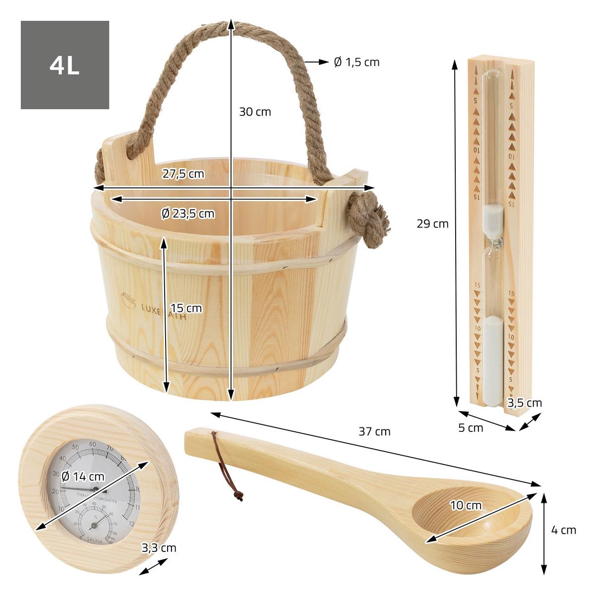 SAUNAZUBEHÖR-SET 4-teilig aus Kiefernholz mit Saunaeimer, Saunakelle, Thermometer-Hygrometer & Sanduhr - Naturfarben, Holz (37/30/27.5cm) - LuxeBath