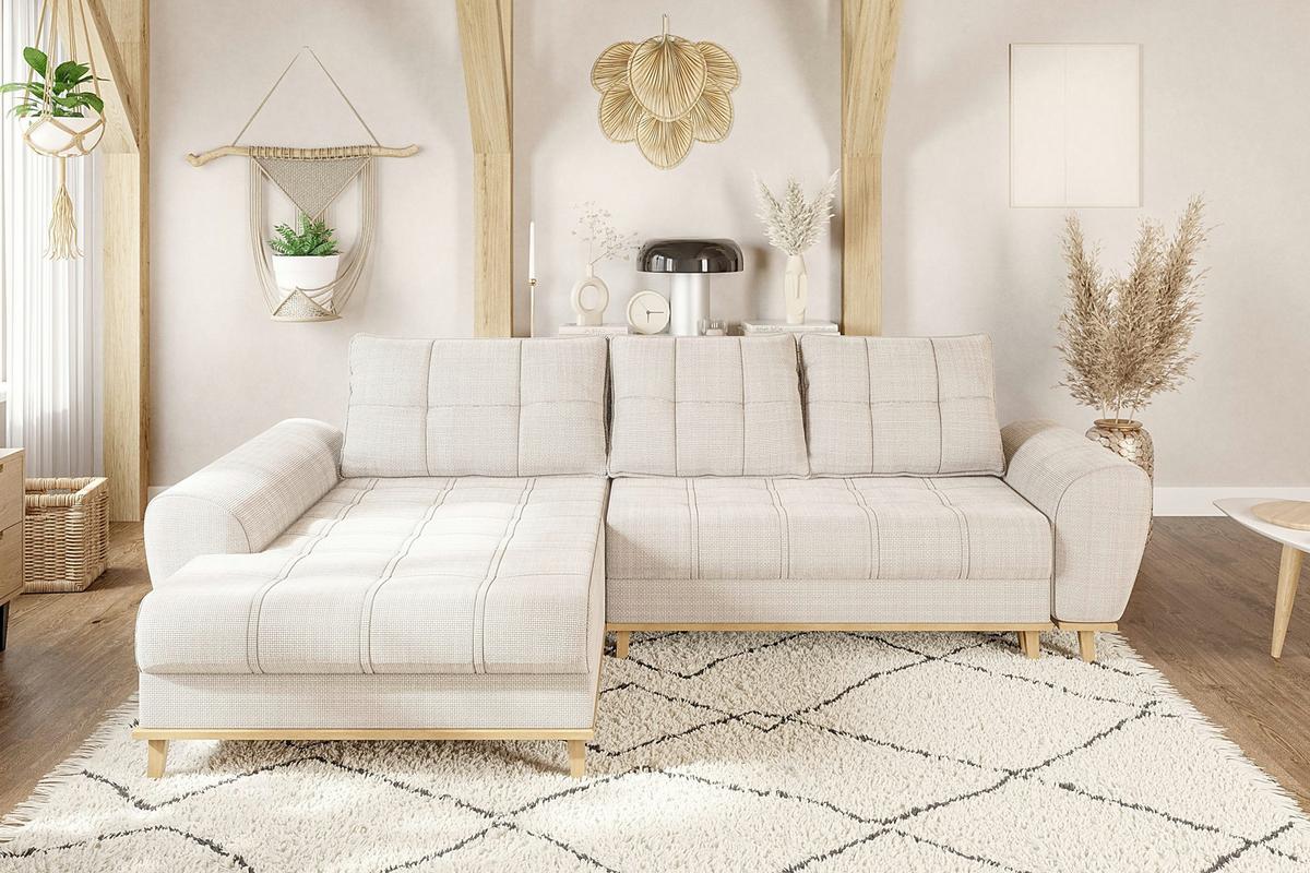 ECKSOFA im Scandi-Stil, Schlaffunktion, Bettkasten B268/T175/H86 cm, Ottomane links, Liegefl. 128x209 cm, Bouclé Chenille Stoff in Beige / 21014 - Eichefarben/Beige, Holz/Textil (268/175cm) - luma-home