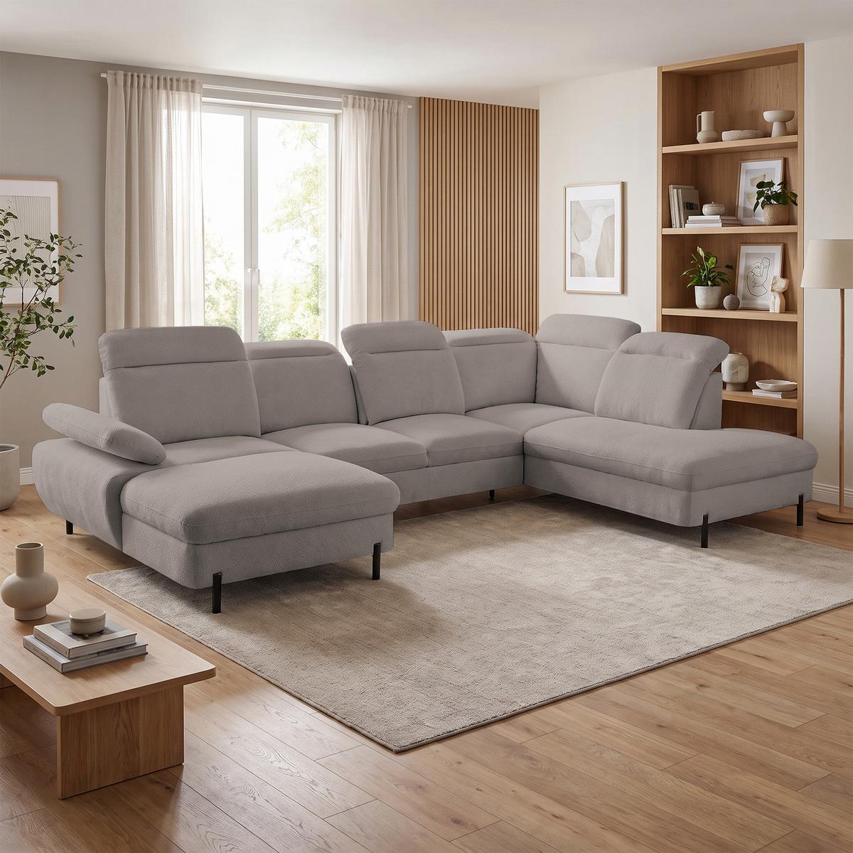 WOHNLANDSCHAFT Sora U mit Schlaffunktion und verstellbarer Sitztiefe, Kopfstützen und Armlehne, 365 cm, Hellbraun, Links - Hellbraun/Schwarz, Textil (365/107/235cm) - Beautysofa