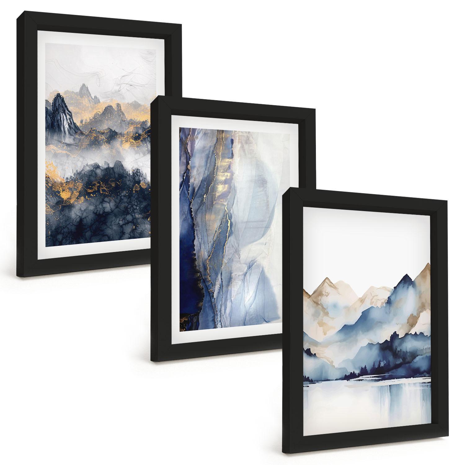 BILDER SET 3er Set - 20x30 cm Schwarzer Rahmen - Blaue und graue Berglandschaften - Schwarz, Kunststoff (20/30cm) - TULUP