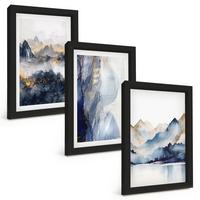 BILDER SET 3er Set - 20x30 cm Schwarzer Rahmen - Blaue und graue Berglandschaften - Schwarz, Kunststoff (20/30cm) - TULUP
