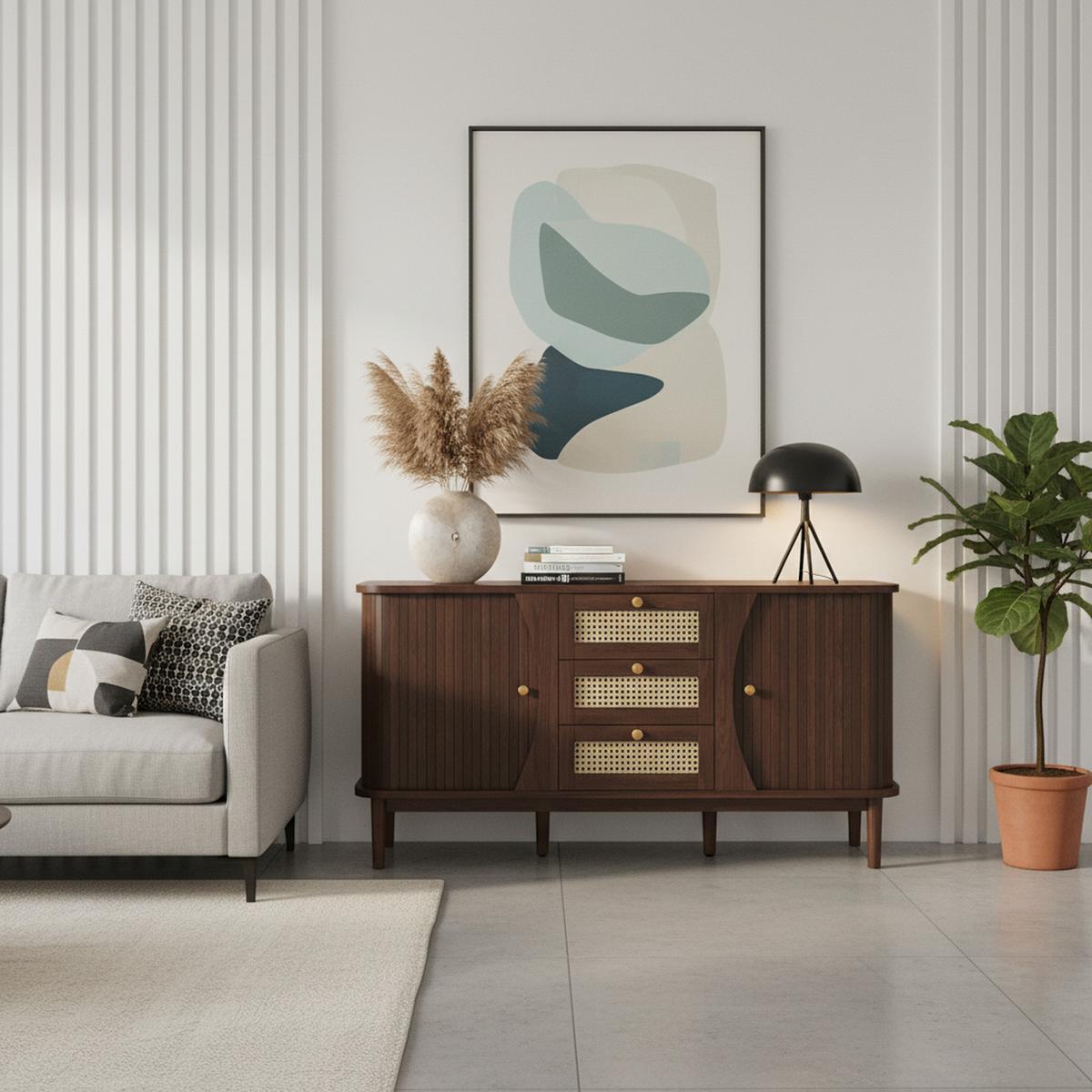 SIDEBOARD Walnuss Optik mit Rattan Schubladen und Schiebetüren - Walnussfarben, Naturmaterialien/Holzwerkstoff (140/73/40cm) - Urban Meuble