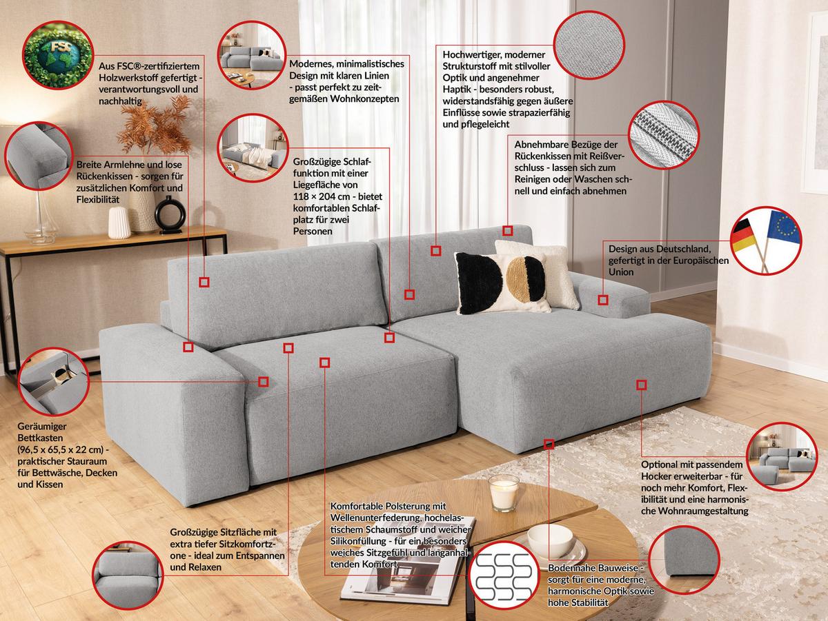 ECKSOFA inkl. Hocker Lennon aus Hellgrau Strukturstoff mit Schlaffunktion und Bettkasten - Hellgrau/Schwarz, Holz/Kunststoff (264/137cm) - S-Style