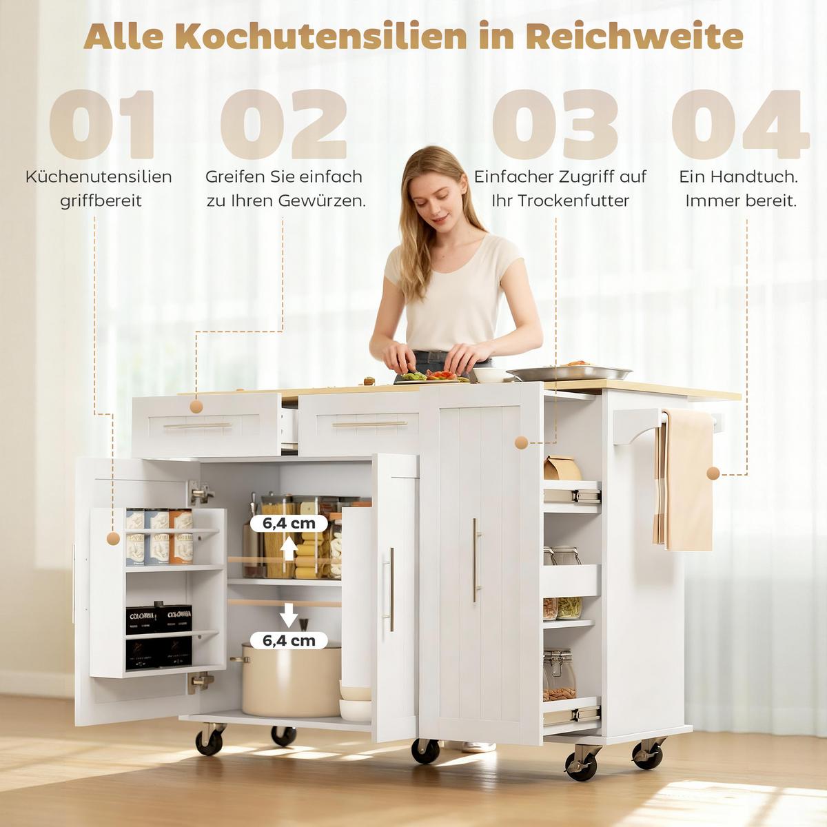 KÜCHENINSEL MDF Weiß - Silberfarben/Weiß, Holzwerkstoff/Metall (65/91/129cm) - HOMCOM