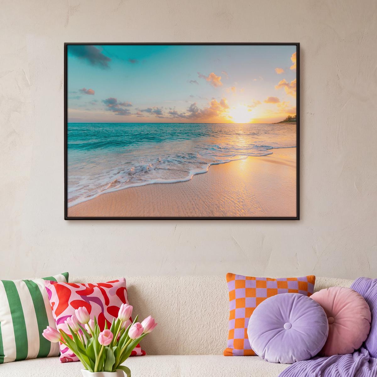LEINWAND Bilder mit Rahmen - Sonnenuntergang - Strand - Meer - Sommer - Blau - 100x70 - Multicolor, Textil (100/70cm) - MuchoWow