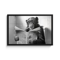POSTER MIT RAHMENGERAHMTES BILD Affe - WC - Zeitung - Schwarz-Weiß - Humor 60x40 cm - Hellgrau, Papier (60/40cm) - MuchoWow