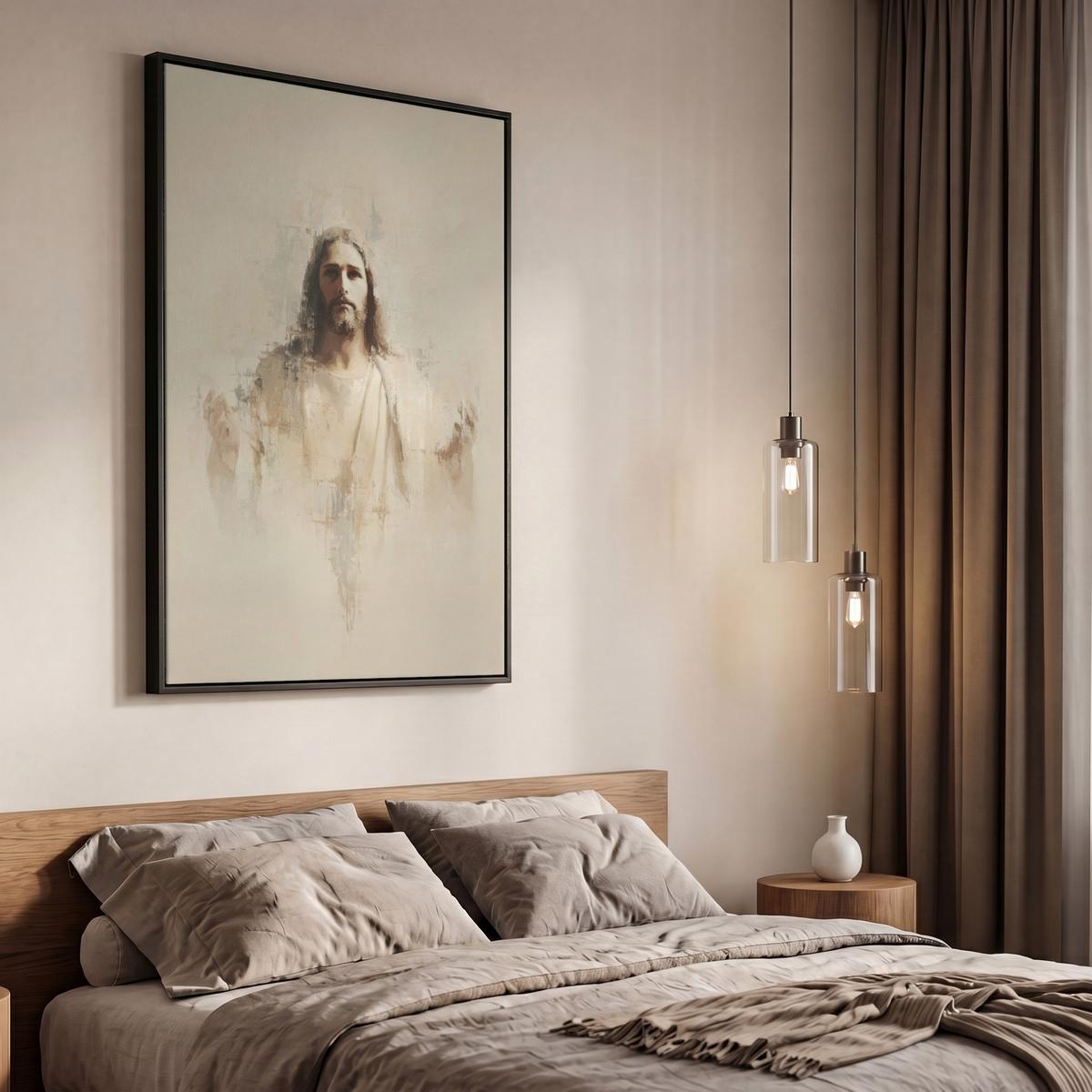 LEINWAND Bilder mit Rahmen - Porträt - Abstrakt - Jesus - Beige - 60x90 - Beige, Textil (60/90cm) - MuchoWow
