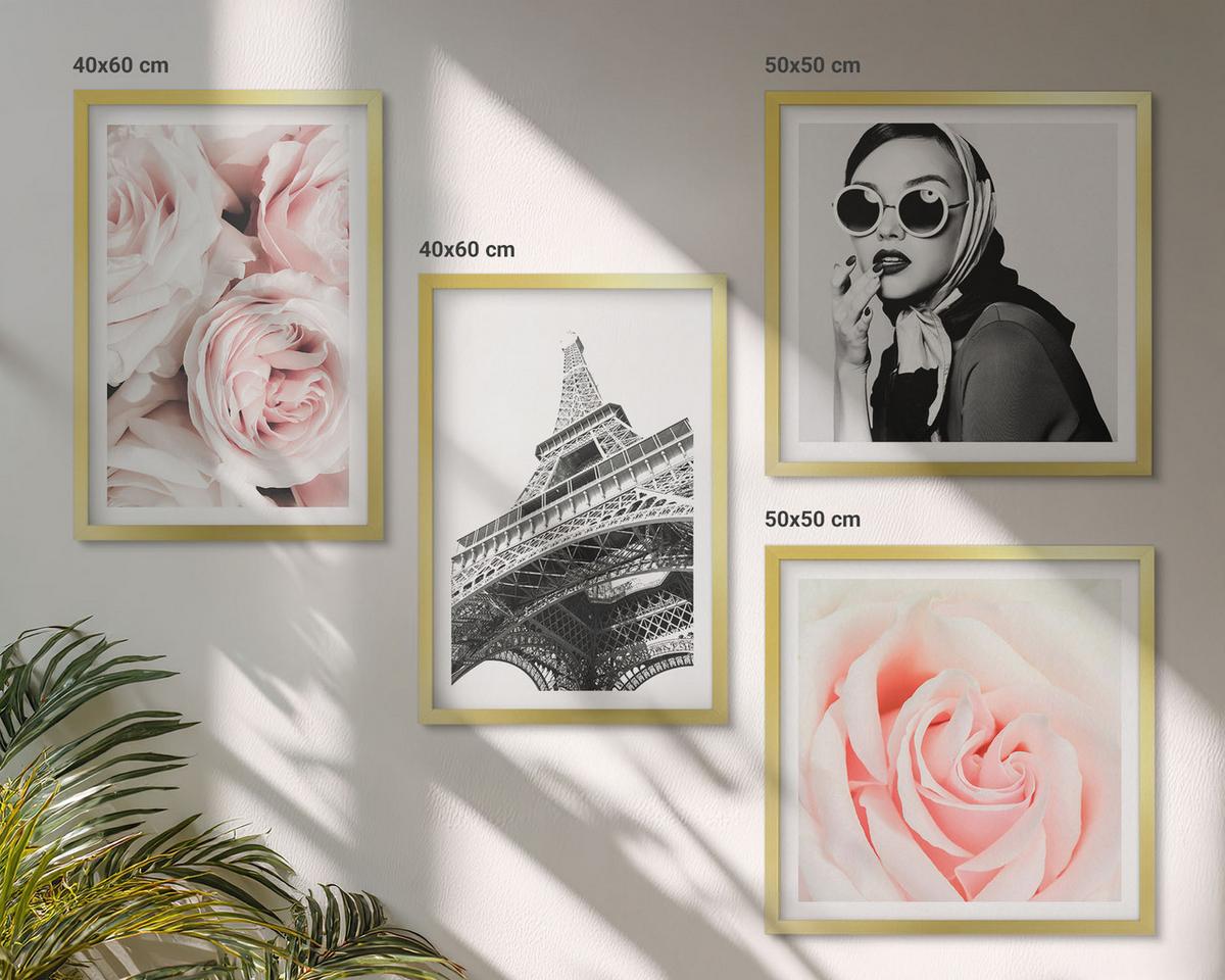 BILDER SET 4er Set - 50x50 cm & 40x60 cm Goldrahmen - Eiffels Porträt einer Frau mit Rosen - Goldfarben, Kunststoff (50/50cm) - TULUP