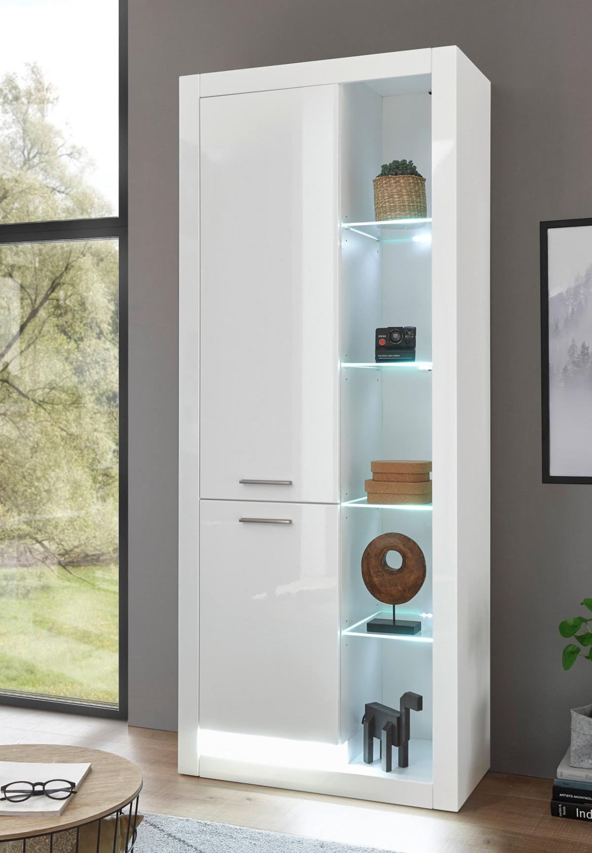 VITRINE weiß Hochglanz 80 x 195 cm, großer Vitrinenschrank mit 10 Fächern - Weiß Hochglanz/Silberfarben, Glas/Holzwerkstoff (80/195/37cm) - Furn.Design