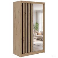 SCHWEBETÜRENSCHRANK mit Spiegel LAOS - 120 - Eiche Artisan - Schwarz Lamellen - Alufarben/Schwarz, Holzwerkstoff/Metall (120/216/61cm) - MKS