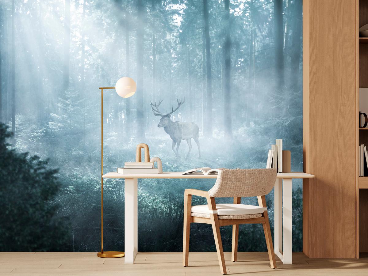 FOTOTAPETE für Wohnzimmer Hirsch Nebelwald Bäume Pflanzen 350x256 - Weiß/Grau, Papier (350/256cm) - Muralo