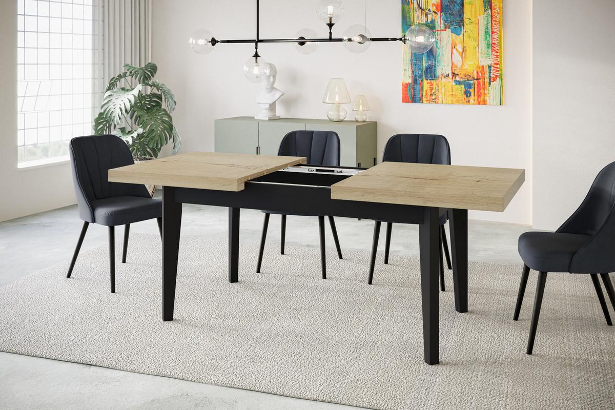RECHTECKIGER Esszimmertisch SKANDI, ausziehbarer Tisch, Größe: 120-160X80X78 cm, Wohnzimmertisch Farbe: HALIFAX, mit Holzbeinen in Farbe Schwarz - Schwarz/Naturfarben, Holzwerkstoff (120/80/78cm) - Alpi-Möbel