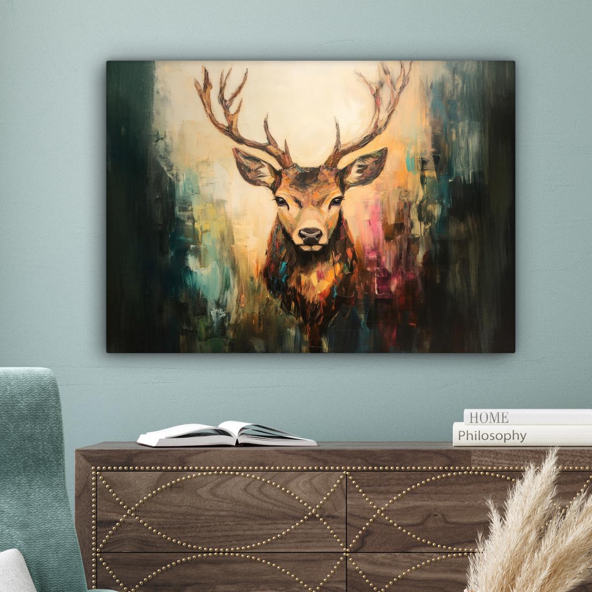 LEINWANDBILD Hirsch - Gemalt - Geweih - Braun Wandbilder 80x60 cm - Haselnussfarben, Textil (80/60cm) - MuchoWow