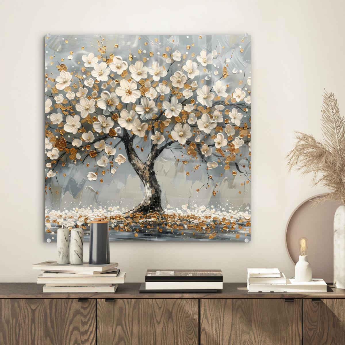 ACRYLGLASBILD Baum - Blumen - Weiß - Natur - Kunst 50x50 cm - Weiß, Glas (50/50cm) - MuchoWow