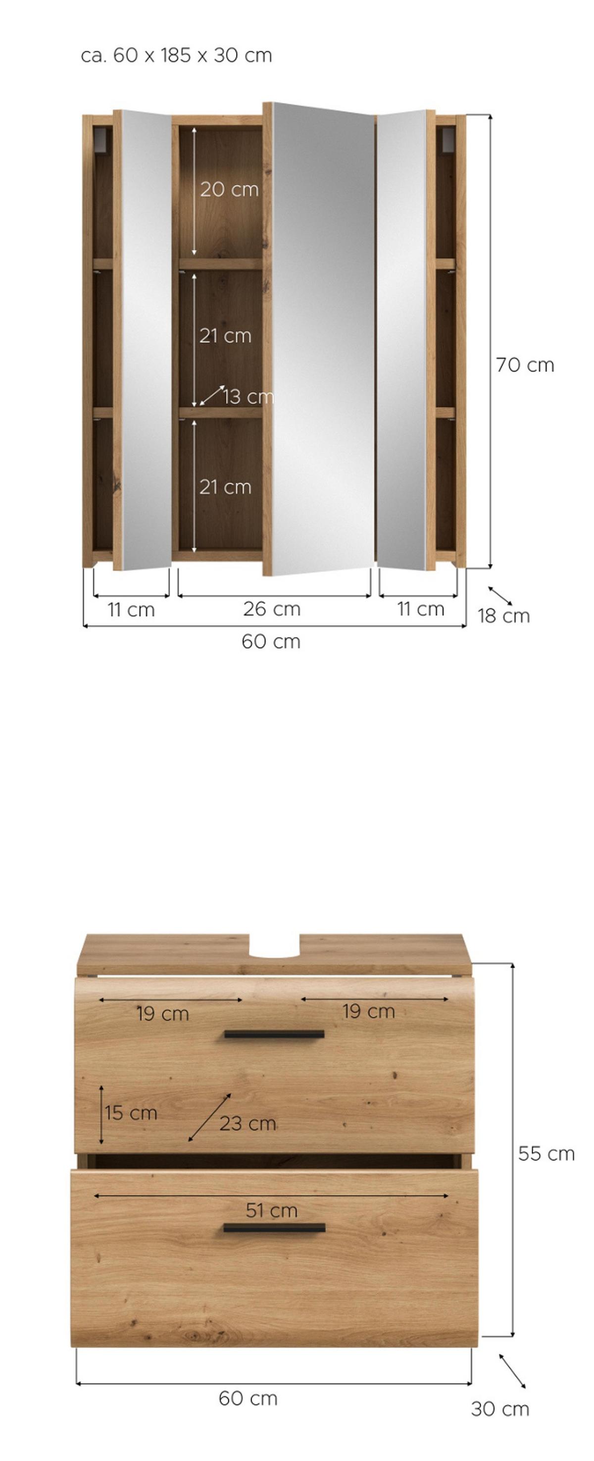 BADMÖBEL SET 2-teilig in Artisan Eiche, Badkombination 60 x 185 cm, Cover - Eichefarben/Schwarz, Glas/Holzwerkstoff (60/185/30cm) - Inn.Furn