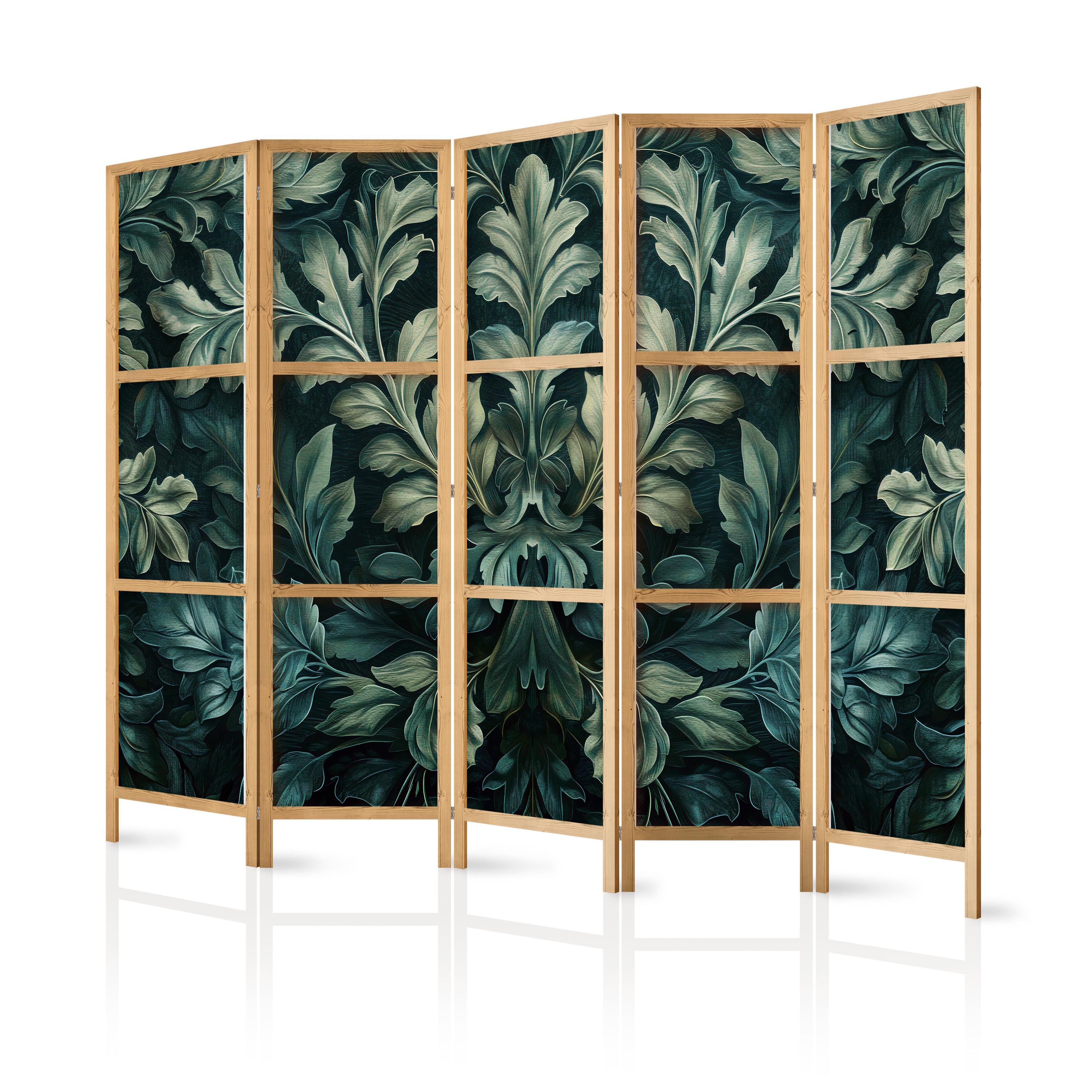 PARAVENT Japanischer 5-tlg 225x172 cm Blattmuster - Grün, Holz/Textil (225/172/3cm) - Muralo