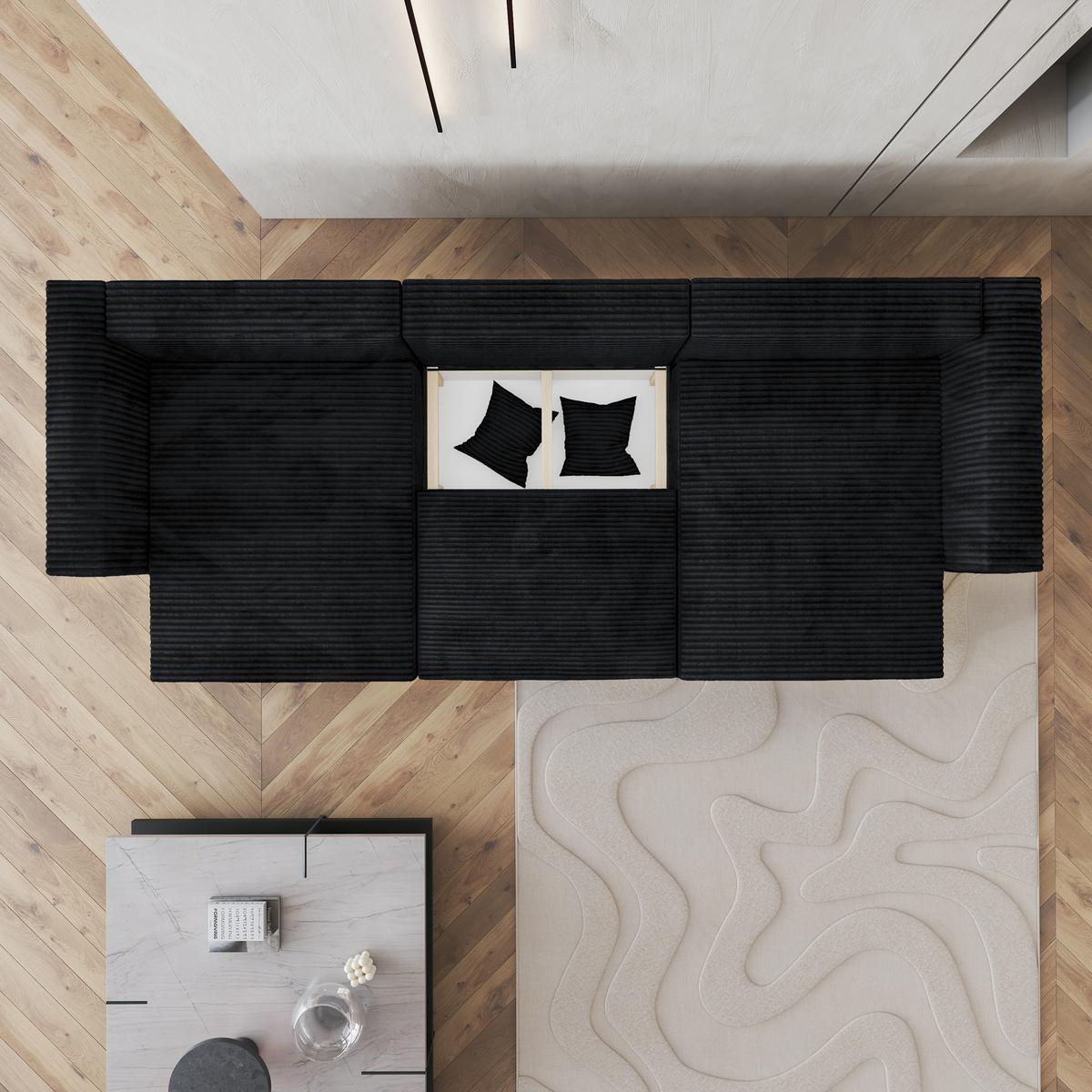 WOHNLANDSCHAFT SARMO Schwarz Kordstoff mit Schlaffunktion - Schwarz/Grau, Holz/Kunststoff (347/90/148cm) - MASSENO